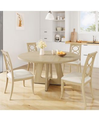 Round Dining Table, Farmhouse Table for 4-6, Mid Century Wood Table with Wide Top and Cross Base, Circle Table for Kitchen