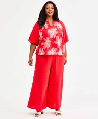 Plus Size Split Neck Band Bubble Sleeve Blouse & Cropped Wide-Leg Pants