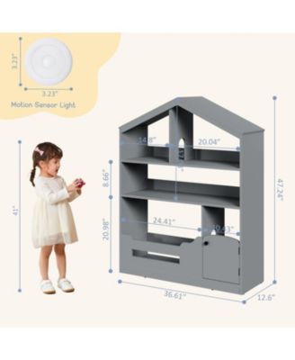 Kids Bookshelf and Toy Storage, Wooden Bookcase with Motion Sensor Light, Dollhouse Bookcase for Playroom, Bedroom, Nursery