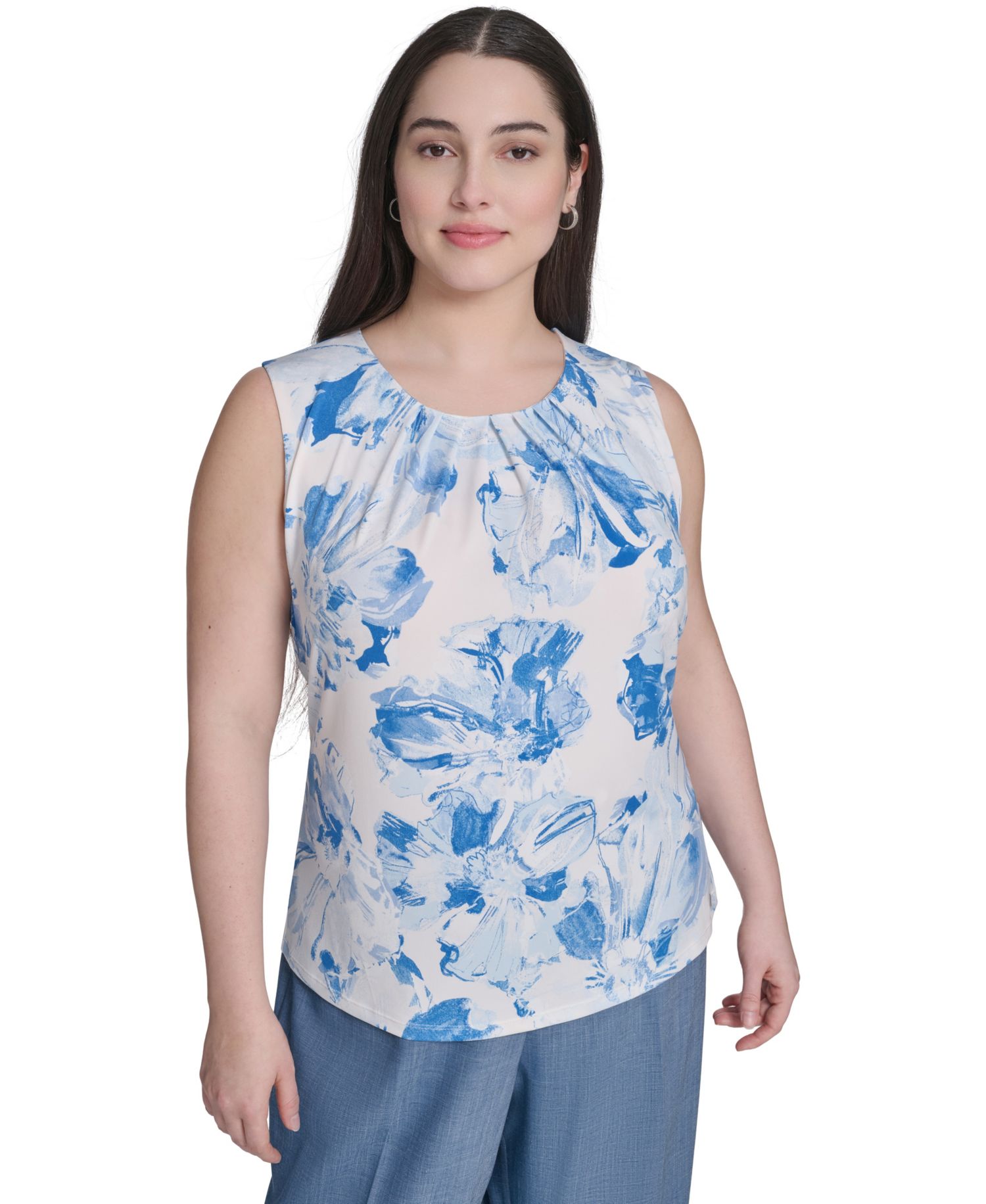 Plus Size Printed Pleated Crewneck Camisole Top