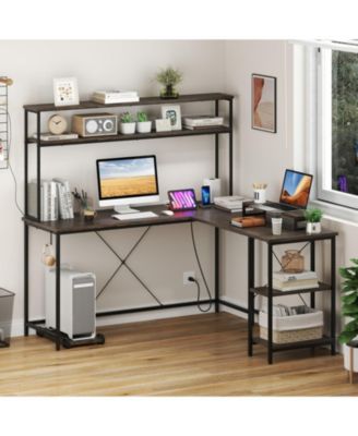 L-Shaped Reversible Gaming Desk with LED Lights, Power Outlets, Monitor Stand and Hutch