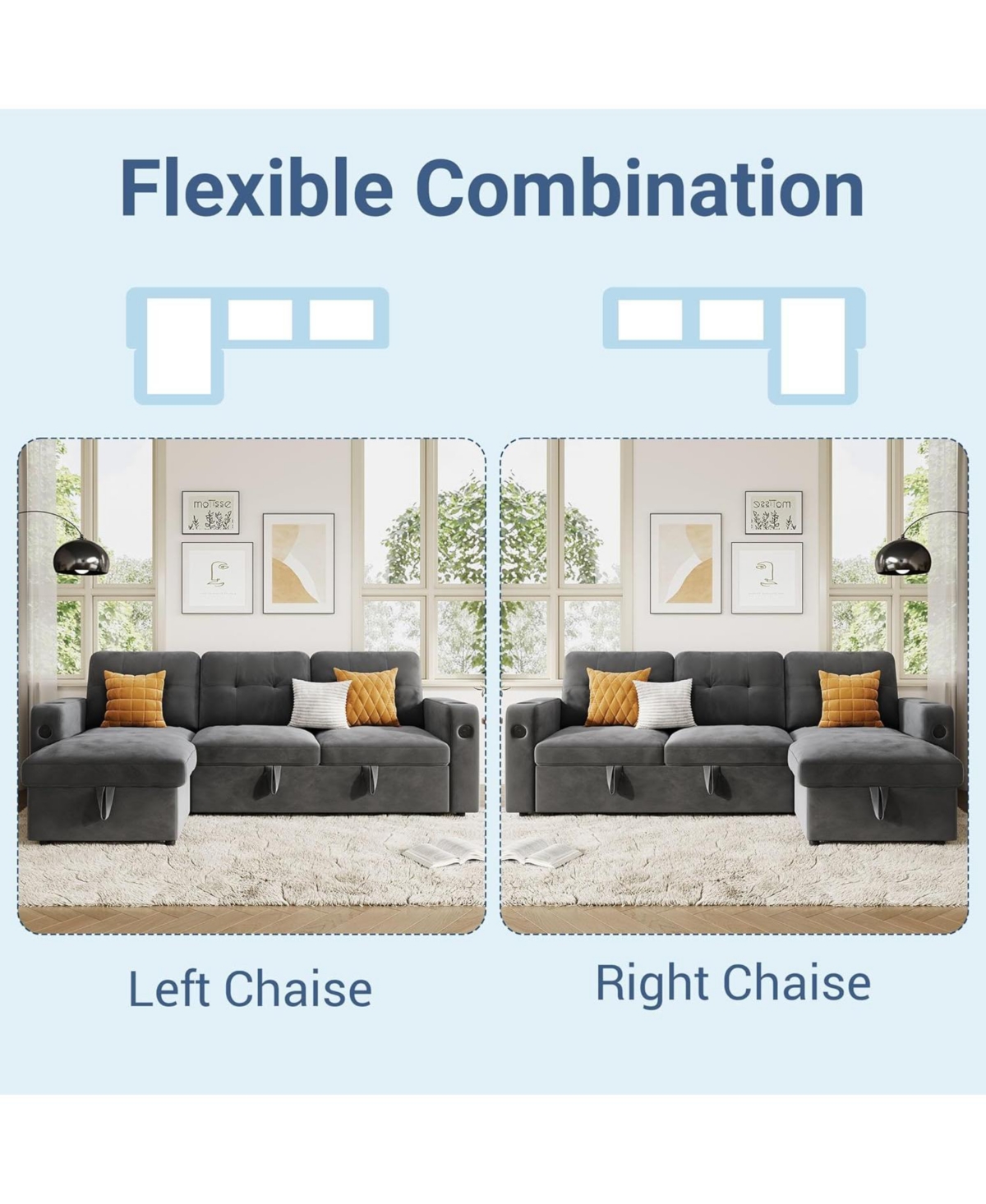 gaomon 84 in Sleeper Sofa Couch, L-Shaped Sofa, Convertible Pull Out Sofa Bed with Storage, Charging Station, Led Lights