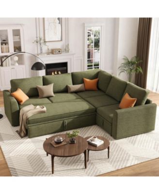 Corduroy U Shaped Sectional Sleeper Sofa with Pull Out Bed, Storage Seat & Ottoman