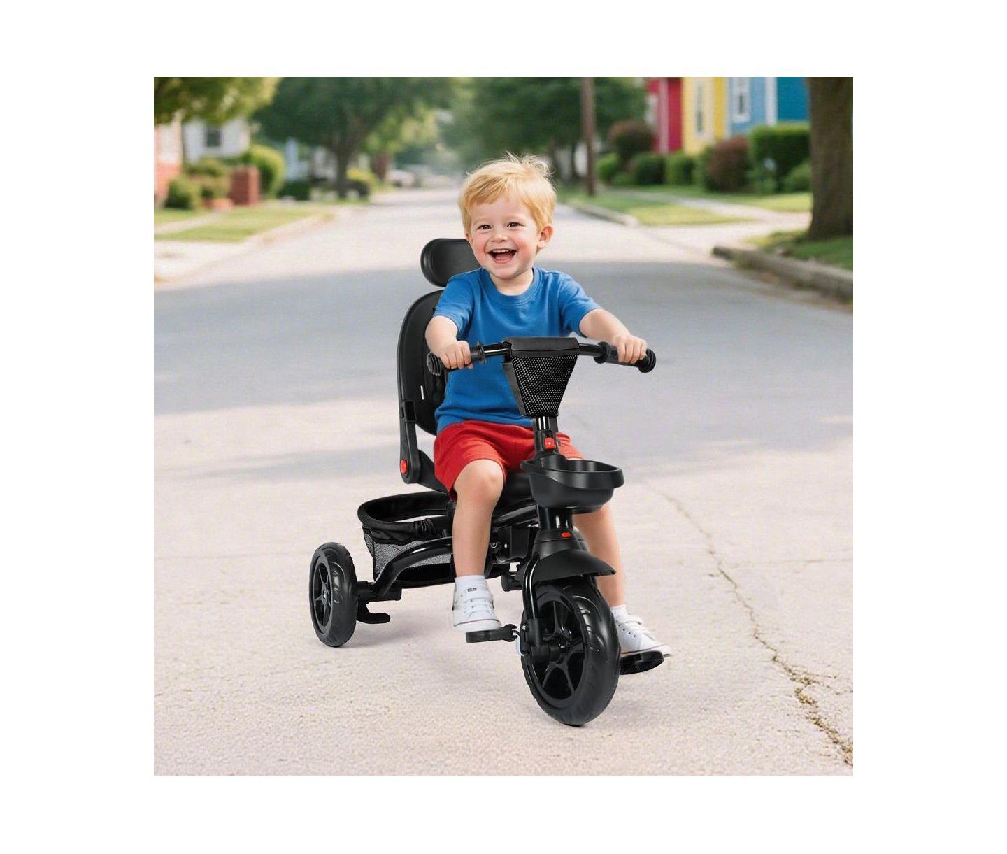 Детская игрушка Kinder King 8-in-1 Kids Tricycle with Adjustable Push Handle, Canopy and Storage, цвет: Чёрный — фото 2