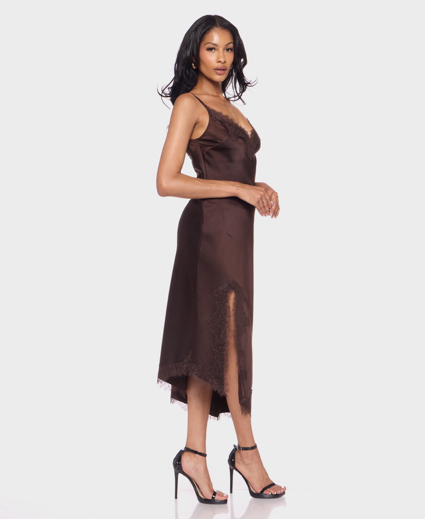 Женское платье Alex & Sophia Juniors' V-Neck Lace Trim Midi, цвет: Шоколадный — фото 2