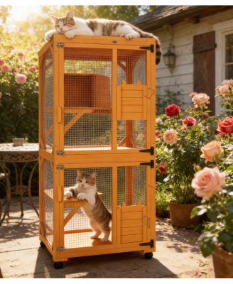 Zeus &  Ruta Large Cat Haven with Elevated Sleeping Platform, 71" Wooden Frame with Asphalt Roof, Indoor/Outdoor Enclosure with Wheels