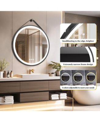 32" Circle Hanging Vanity Mirror for Wall with Leather Strap 3 Colors Dimmable for Bedroom Entryway