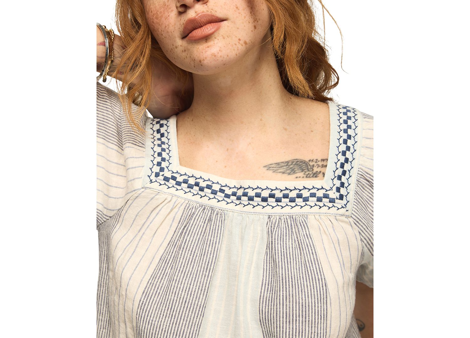 Women's Striped Square Neck Embroidered Top