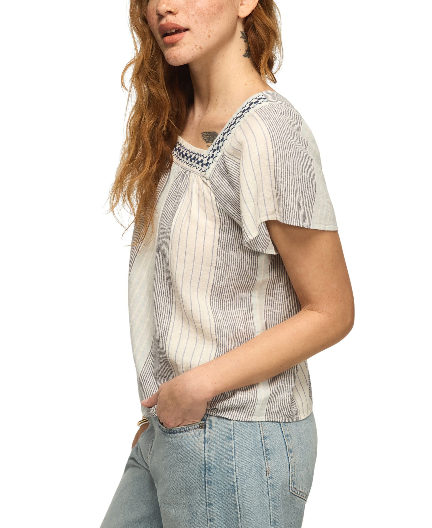 Women's Striped Square Neck Embroidered Top