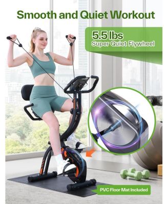 Foldable Stationary Bike 4 in 1 Indoor Cycling with 16 Level Magnetic Resistance Arm Band PVC Floor Mat for Home Gym Workout