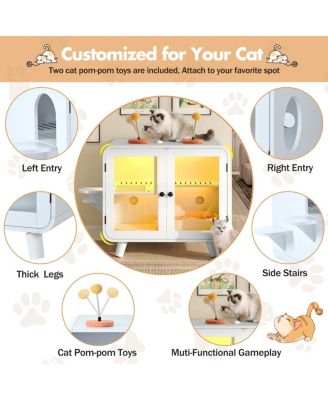 Cat Pet House with RGB LED Light, Glass Doors, Stairs, Hidden Litter Box Cabinet