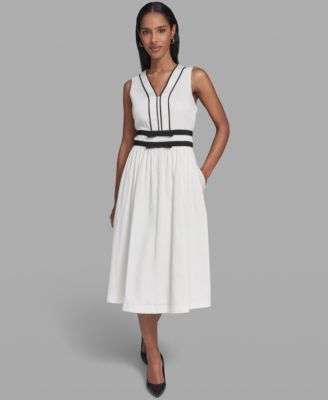 Karl Lagerfeld Paris Women's Contrast Trim Detail V-Neck Sleeveless Dress - Soft White - Size 6