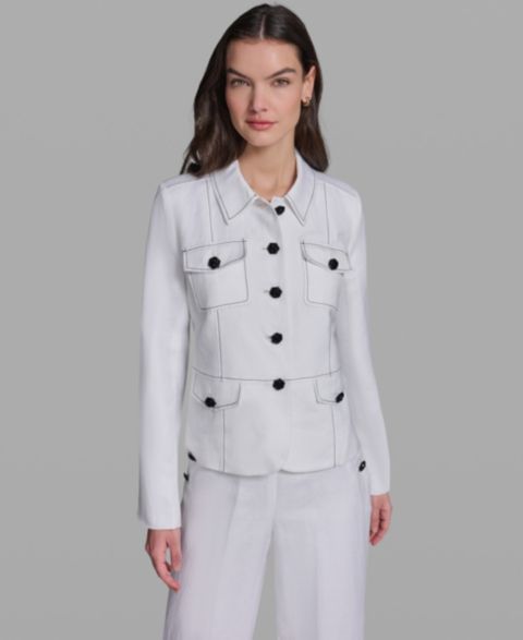 Женская куртка KARL LAGERFELD PARIS Linen-Blend Pocket Detail Collared, цвет: Мягкий белый