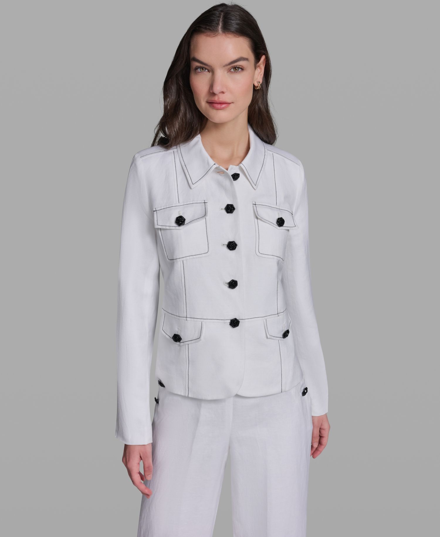 Women's Linen-Blend Pocket Detail Collared Jacket