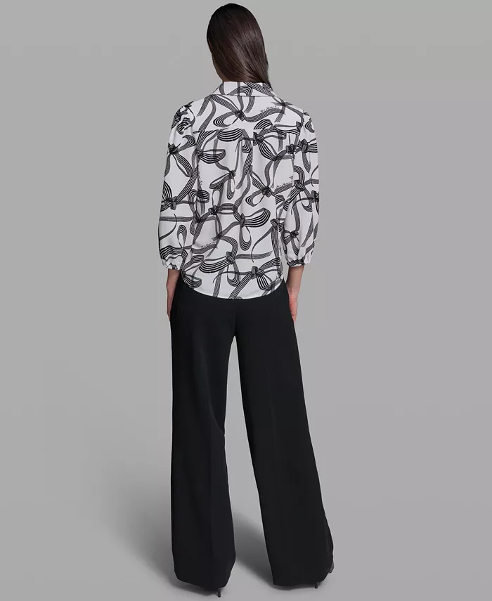 Women's Bow Print Woven Collared Top - thumbnail 6