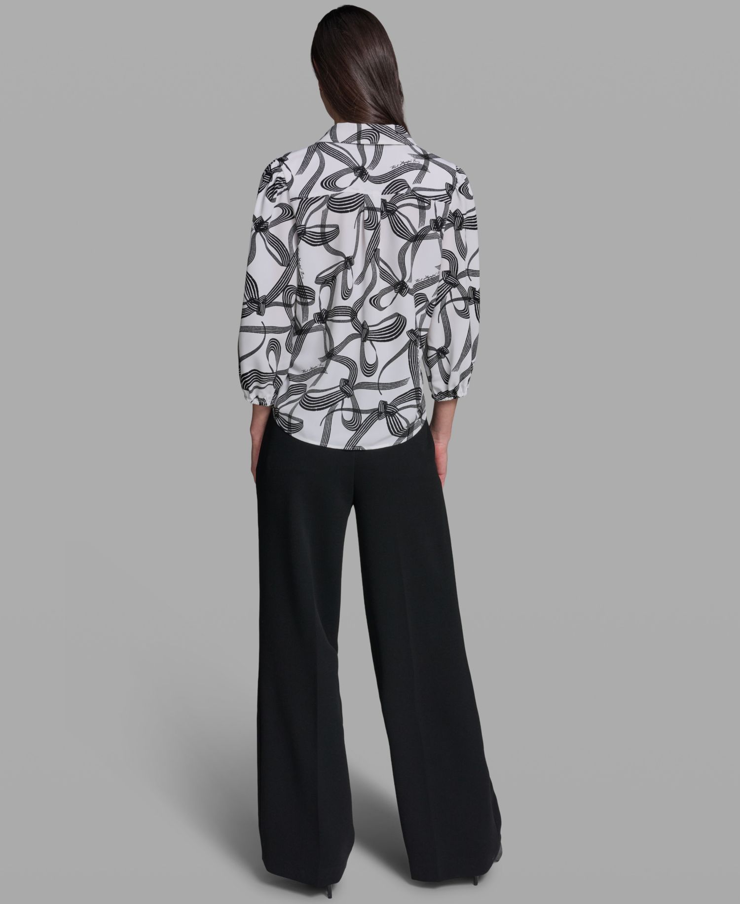 Women's Bow Print Woven Collared Top