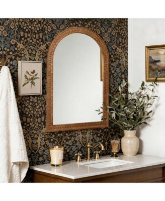 39.4'' Arched Wall Mirror with Carved Rubberwood Frame, Modern Farmhouse Accent