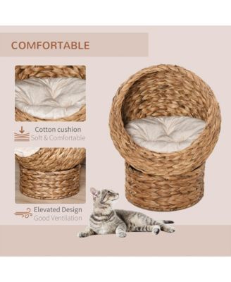 Handwoven Cat Retreat: Elevated Bed with Soft Cushion and Egg-Shaped Design, Wicker Frame with Stand