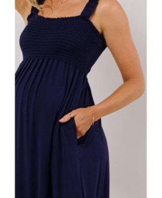 Maternity Smocked Bodice Sleeveless Dress with Ruffle Straps