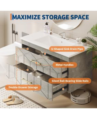 Bathroom Cabinet with Sink Combo, Floating Bathroom Vanity with Ceramic Basin, 2 Large Drawers with Gold Handle, Soft-Close Design