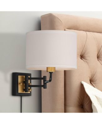 Joelle Modern Swing Arm Wall Lamps Set of 2 Brass Black Plug-in Light Fixture Fabric Drum Shade for Bedroom Bedside Living Room Reading