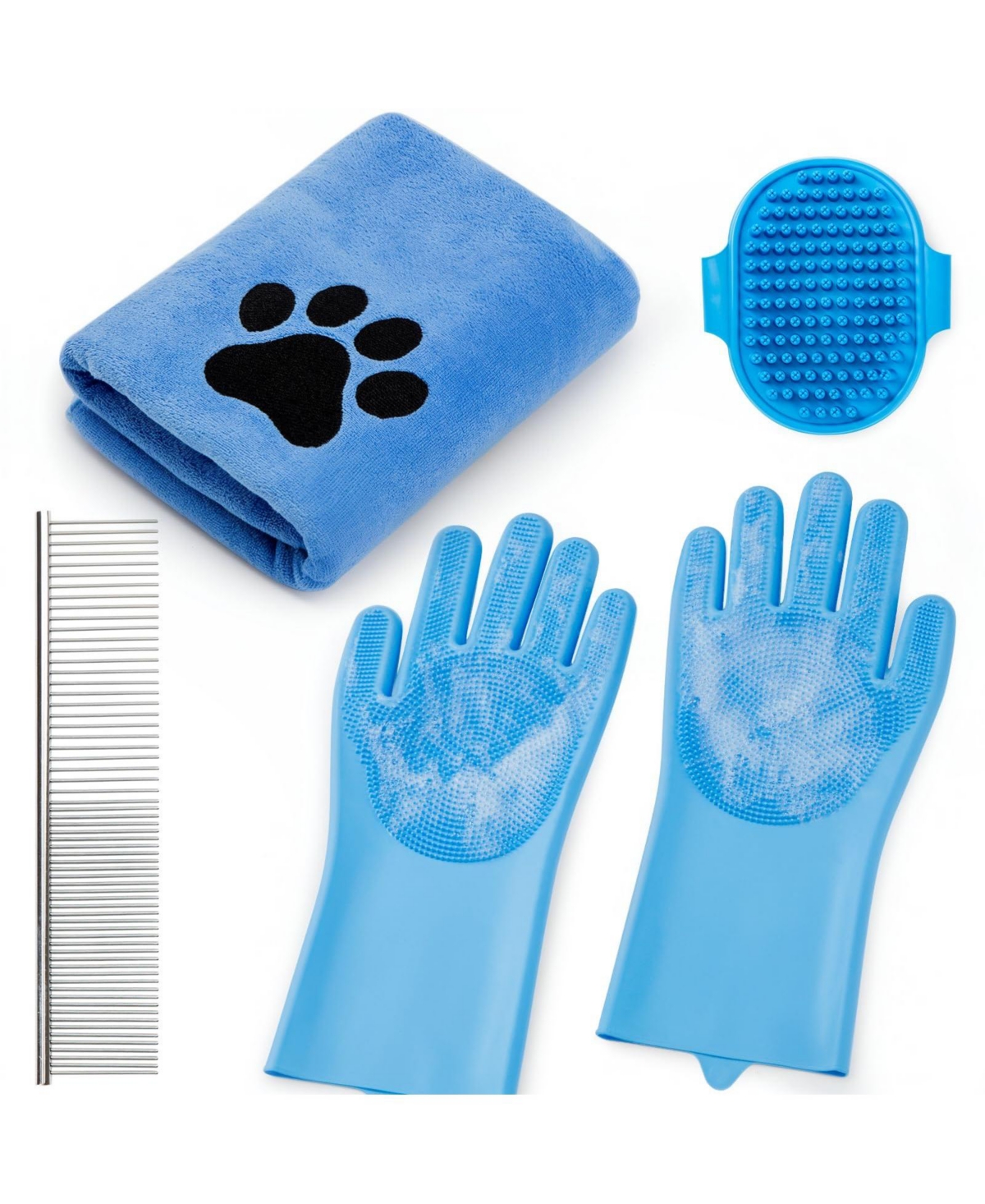 Aronkl Pet Bath Grooming Kit with Shampoo Brush Washing Gloves Comb Quick Dry Towel for Dogs Cats - Blue