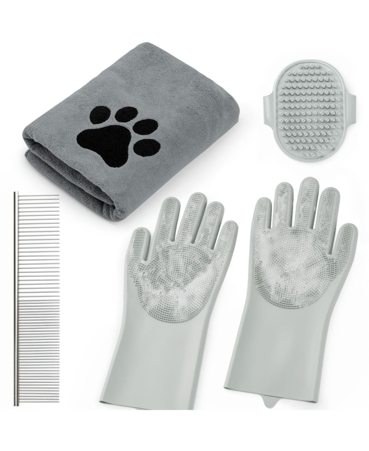 Aronkl Pet Bath Grooming Kit with Shampoo Brush Washing Gloves Comb Quick Dry Towel for Dogs Cats - Grey
