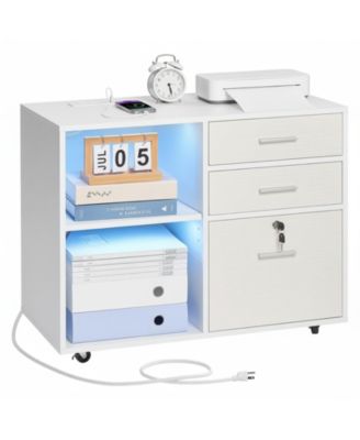 3 Drawer Wooden File Cabinet, Mobile Filing Cabinet with Light Strip, Lockable Rolling File Storage with Adjustable Shelves and 5 Wheels, Free