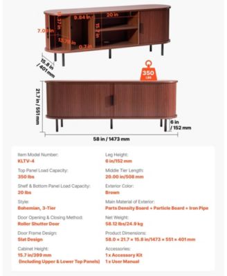 TV Stand, Boho Entertainment Center for TV, 350 lbs Load, TV Media Console Table with Adjustable Storage Shelves and Rolling Door