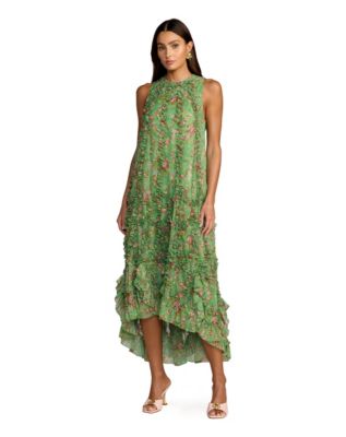 Women's Sleeveless Floral Chiffon Midi Dress with Ruffles