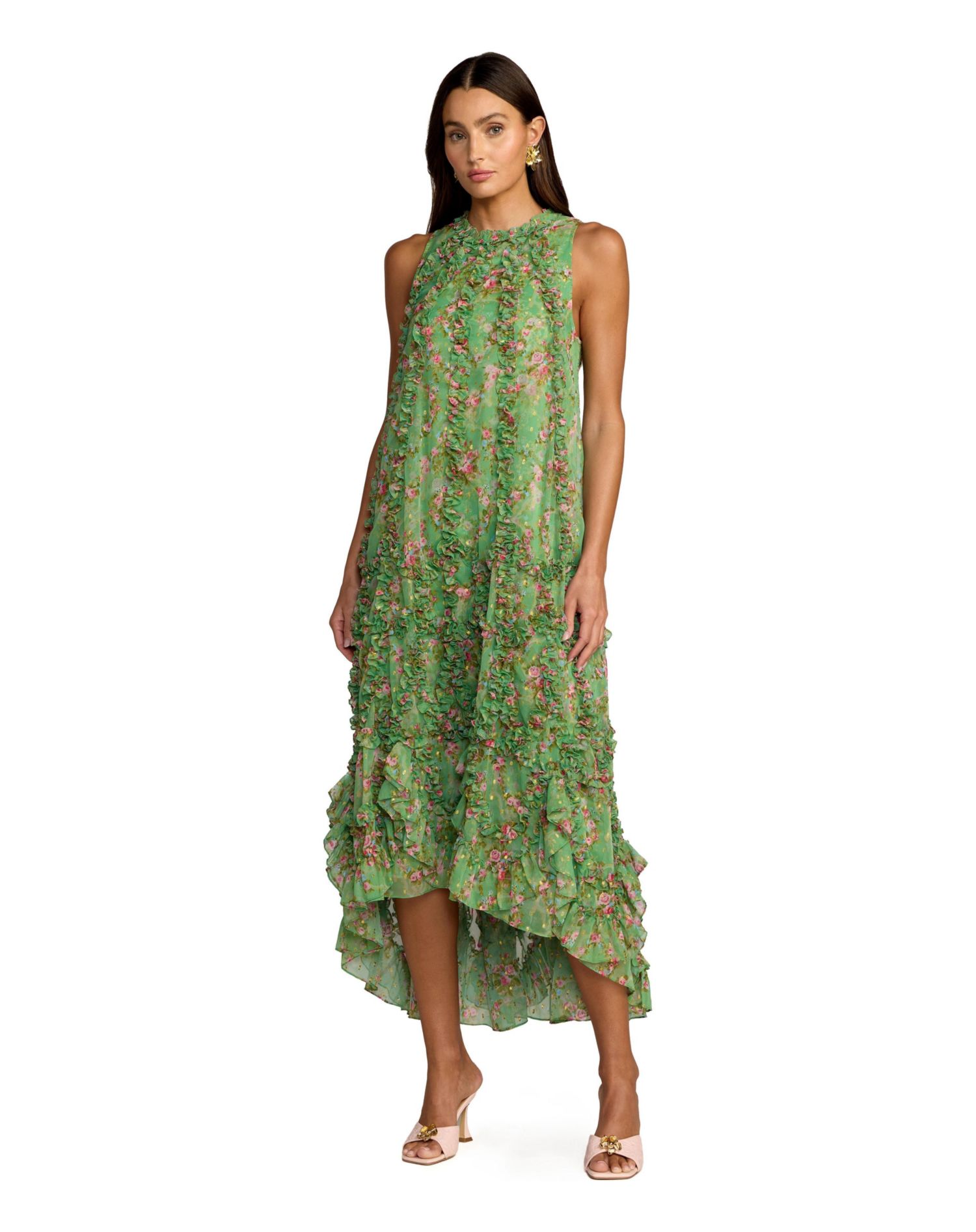 Women's Sleeveless Floral Chiffon Midi Dress with Ruffles
