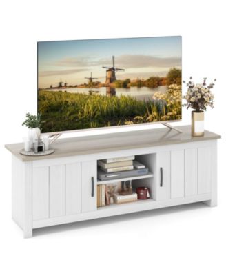 Two-Tone 57-Inch TV Stand with Cabinets and Open Shelves