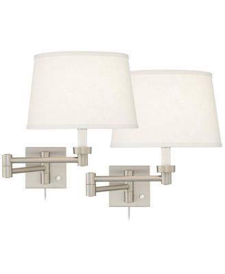 Modern Swing Arm Wall Lamps Set of 2 Brushed Nickel Plug-In Light Fixture White Drum Shade for Bedroom Bedside
