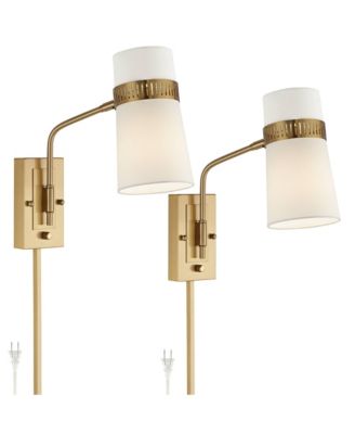 Cartwright Modern Wall Lamp Set of 2 Brass Plug-In 6" Fixture Swing Arm Linen Cylinder Shade for Bedroom