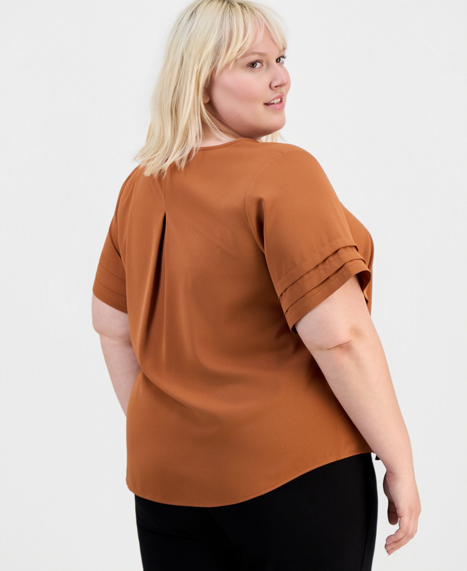 Petite Pleated-Sleeve Split-Neck Top