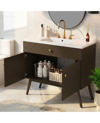 36 Inch Modern Freestanding Bathroom Vanity with Soft Close Doors, Striped Cabinet and Ceramic Sink for Luxury Storage
