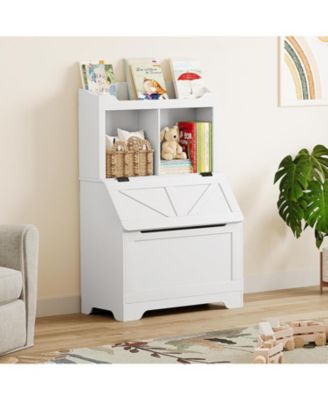 2-Tier Kids Toy Storage Organizer with Flip-Top Lid, Wooden Toy Chest Bookshelf for Playroom