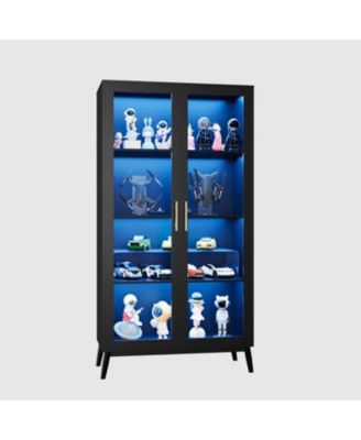 Glass Display Cabinet with RGB Lights,4 Tier Curio Cabinets with 3 Color Lights,Display Case with Human Body Sensor & USB Ports, Corner Storage