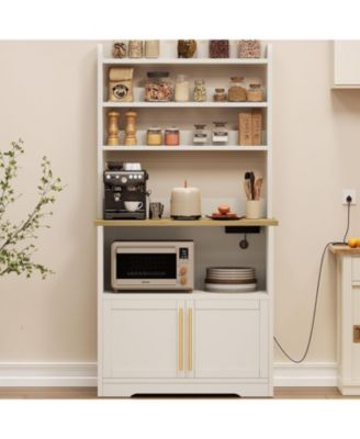 Microwave Stand Bakers Rack Cabinet, Farmhouse Bakers Rack with Power Outlet with Thickened Counter, Freestanding Small Kitchen Bakers Rack