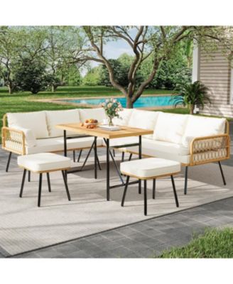 6 Pieces Outdoor Patio Furniture Set with Table, All-Weather Boho Wicker Rattan Patio Sectional L-Shaped Sofa, Metal Frame, Detachable Cushions