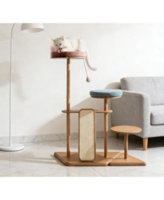 Modern Cat Tower Cat Furniture with Veneer Shelves Solid Rubberwood Posts and Sisal and Acrylic Pod