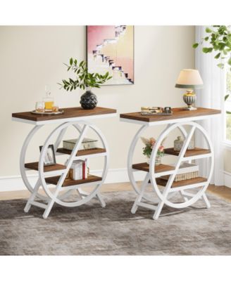 3-Tier End Table Set of 2, Narrow Sofa Side Table with Storage, Industrial Nightstand with Geometric Metal Frame