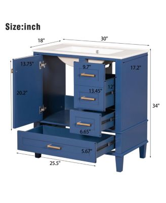 Sage Green Bathroom Vanity with Ceramic Sink, Freestanding Solid Wood MDF Cabinet, 3 Drawers Soft Close Door for Small Bathrooms