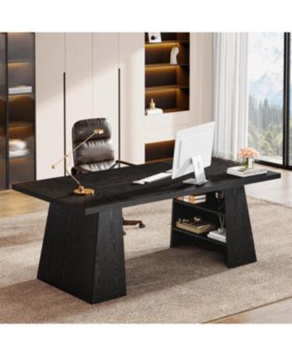 63-Inch Executive Desk, Modern Desk with Double Pedestal and Storage Shelves, Simple Large Computer Writing Table