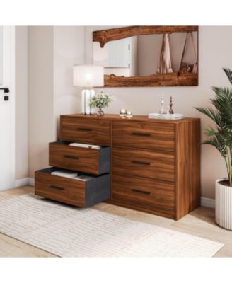 Walnut 6-Drawer Fabric Dresser with Wooden Top