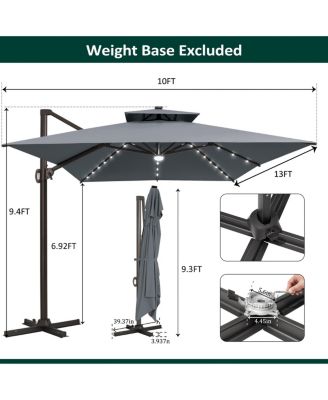 Outdoor Patio 10X13FT Aluminum Double Canopy Led Solar Lights Cantilever Umbrella