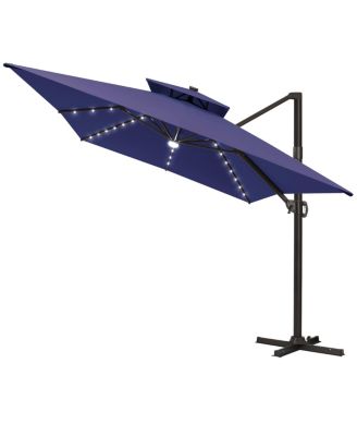 Outdoor Patio 10X13FT Aluminum Double Canopy Led Solar Lights Cantilever Umbrella
