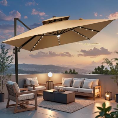 Outdoor Patio 10X13FT Aluminum Double Canopy Led Solar Lights Cantilever Umbrella