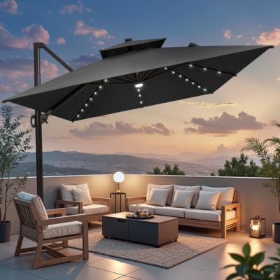 Outdoor Patio 10X13FT Aluminum Double Canopy Led Solar Lights Cantilever Umbrella