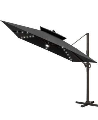 Outdoor Patio 11x11FT Aluminum Double Canopy Solar Lights Cantilever Umbrella